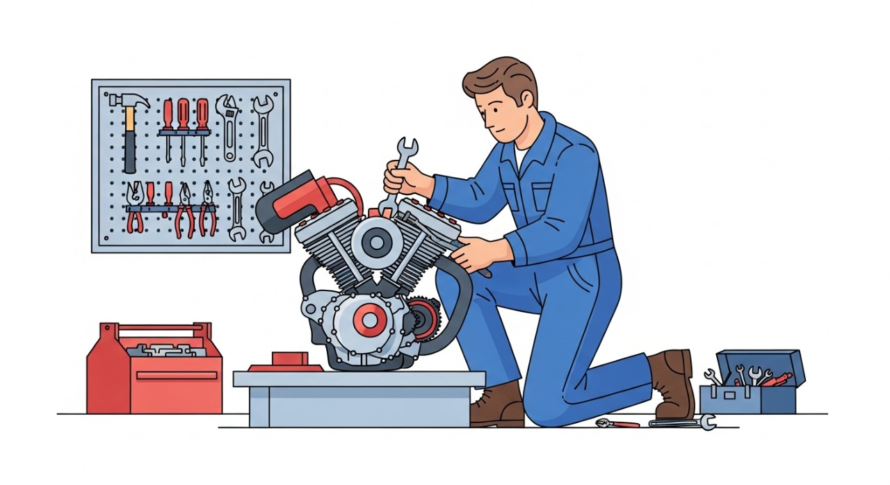 Seorang mekanik sedang membaiki enjin motosikal di sebuah bengkel.