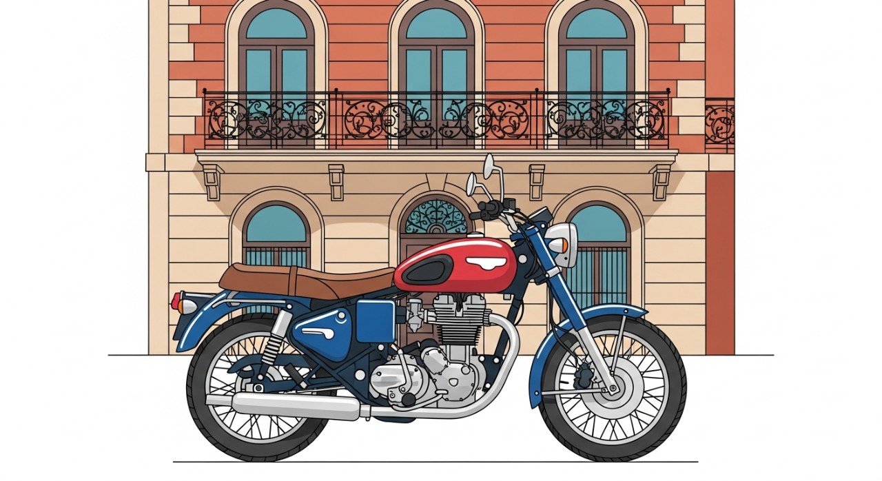 Sebuah motor klasik yang terawat rapi terparkir di hadapan fasad bangunan bersejarah di kota warisan.