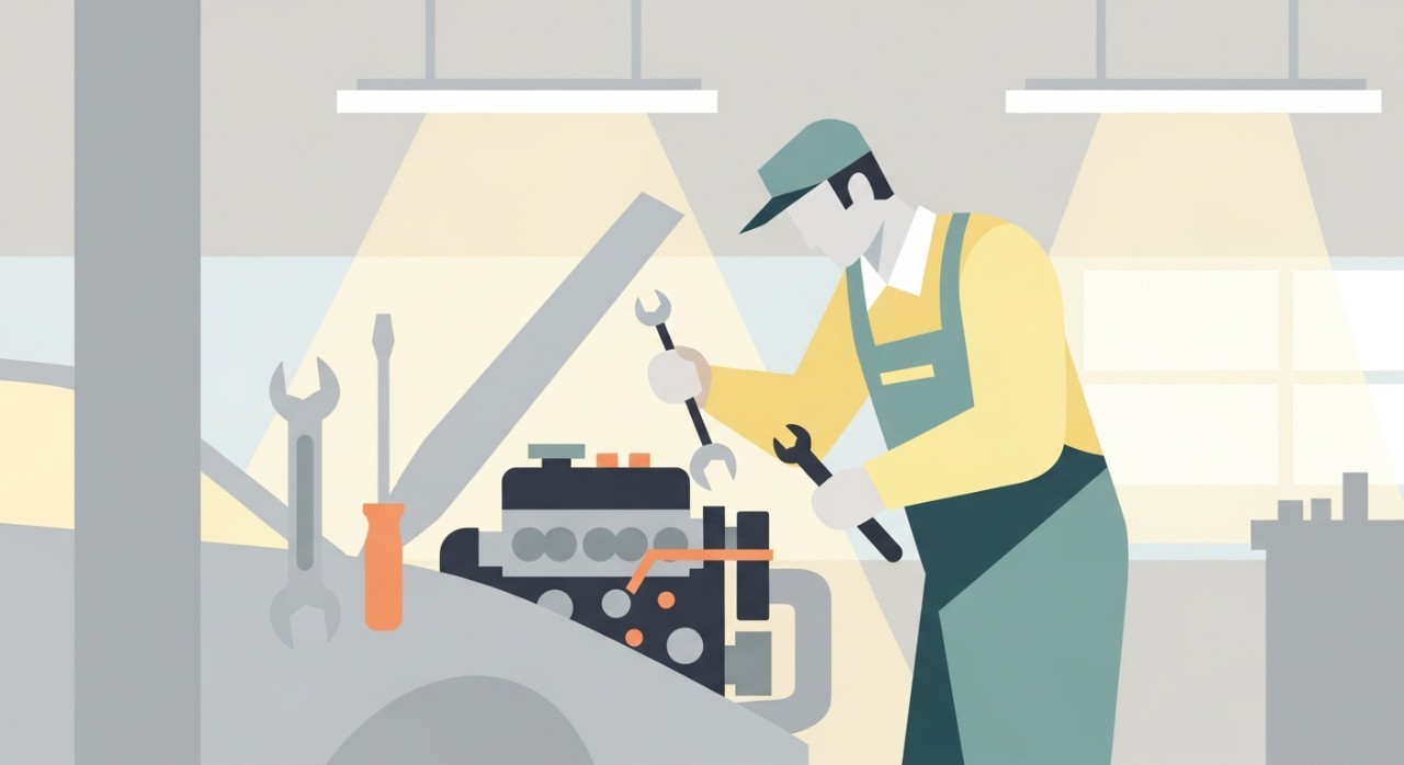 Seorang mekanik sedang memeriksa bahagian enjin kenderaan di dalam bengkel yang lengkap dengan peralatan