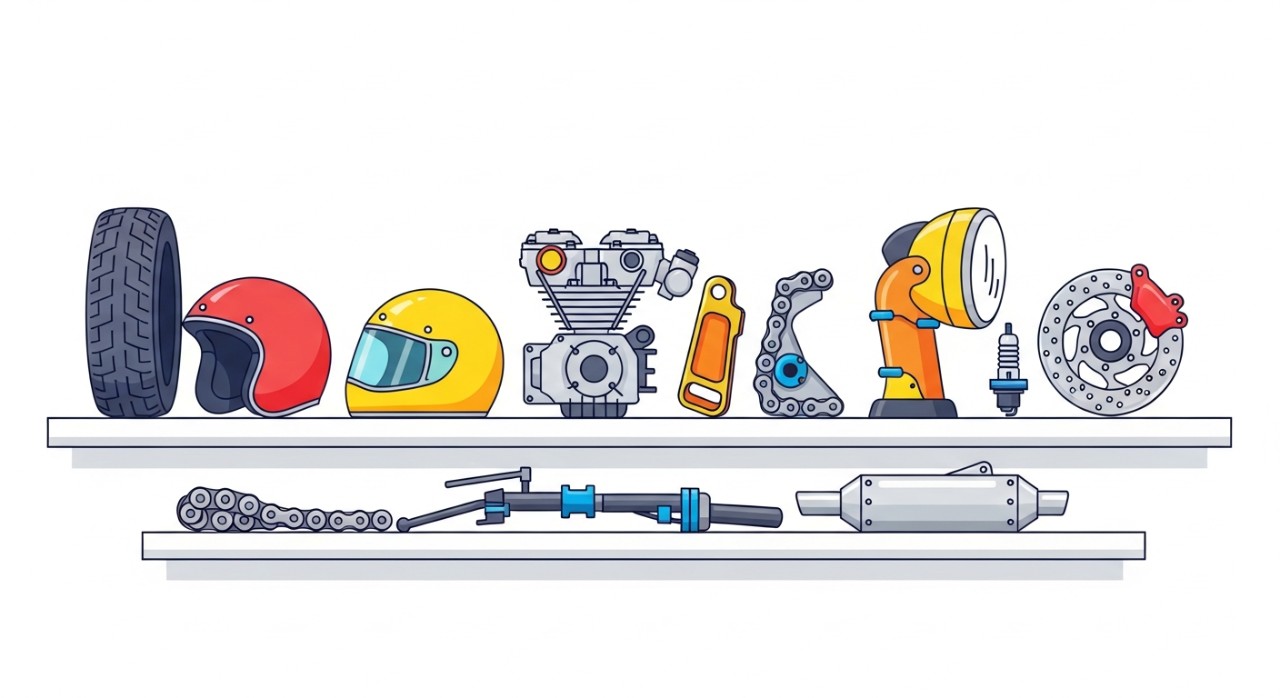 Rak yang memaparkan pelbagai alat ganti motosikal baharu tersusun rapi dan sedia untuk digunakan.