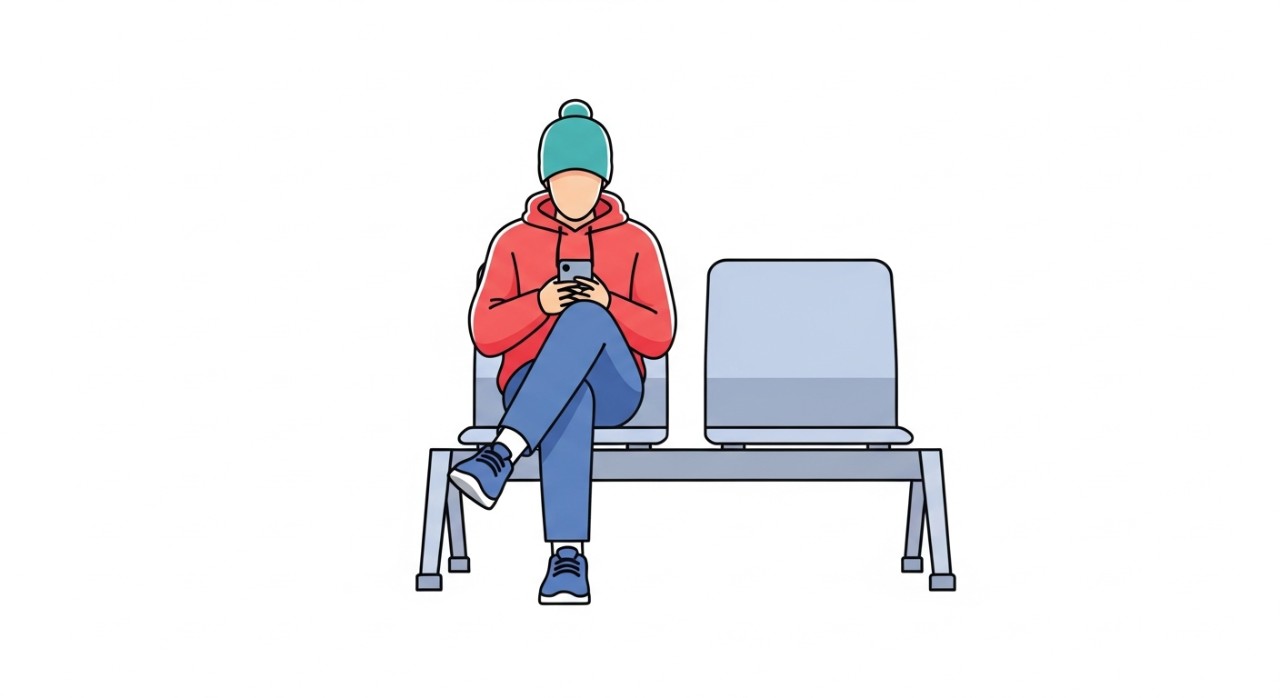 Seorang pelanggan sedang menunggu di ruang menunggu bengkel sambil melihat telefon.