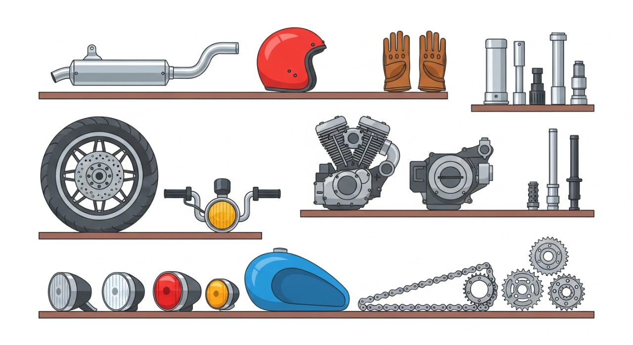 Rak-rak yang memaparkan pelbagai alat ganti motosikal.