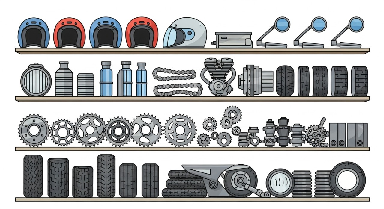 Rak-rak yang tersusun rapi memaparkan pelbagai jenis alat ganti motosikal.