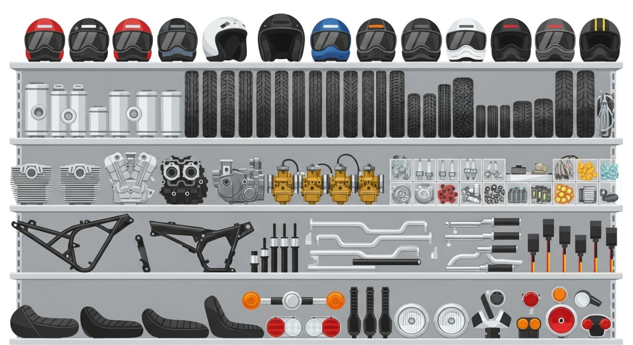 Rak-rak yang penuh dengan pelbagai alat ganti motosikal baru.