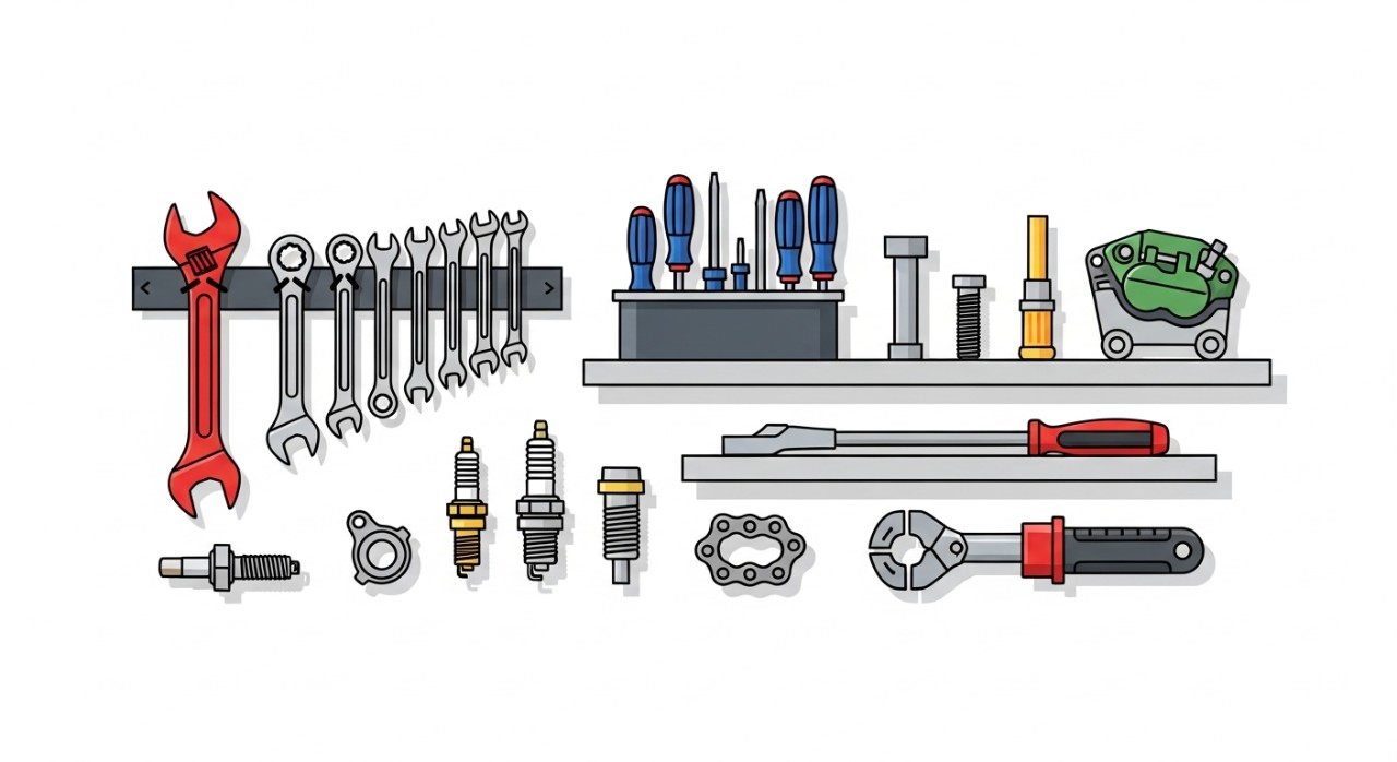 Rak yang tersusun dengan pelbagai alatan dan alat ganti motosikal.