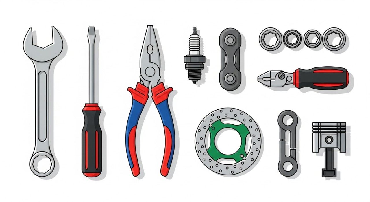 Paparan pelbagai alatan dan alat ganti motosikal yang tersusun rapi.