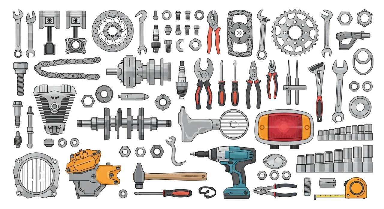 Pelbagai jenis alat ganti motor dan peralatan bengkel tersusun rapi.