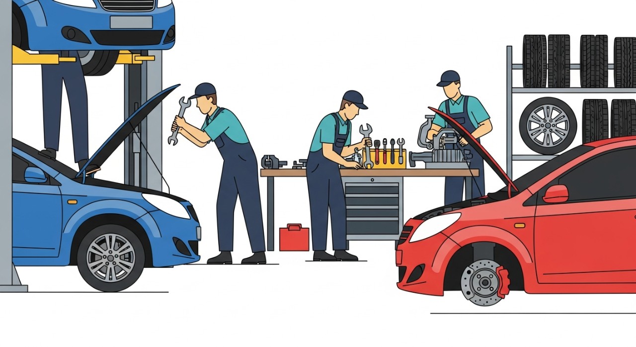 Sebuah bengkel kereta dengan beberapa mekanik sedang membaiki kereta.