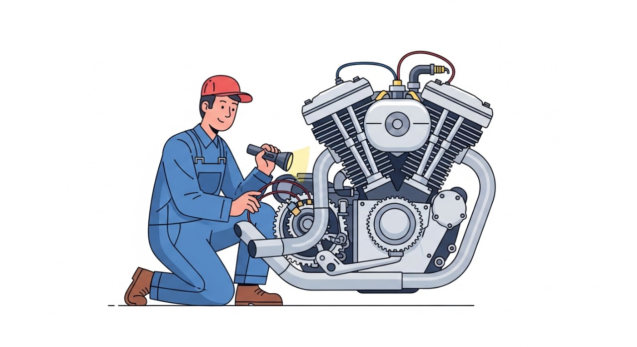 Seorang mekanik sedang melakukan pemeriksaan terperinci pada enjin motosikal.