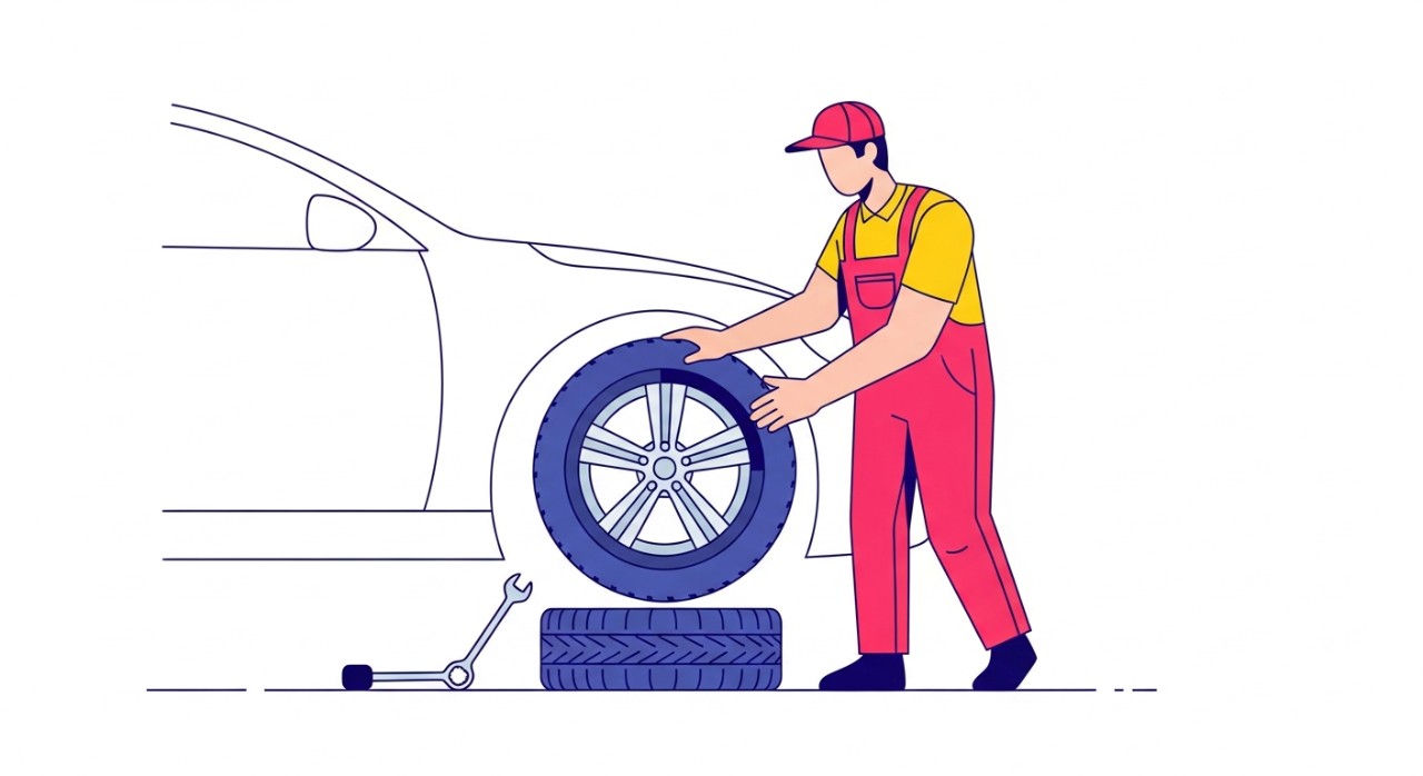 Sekumpulan tayar kereta sedang diperiksa atau diganti oleh pekerja bengkel.