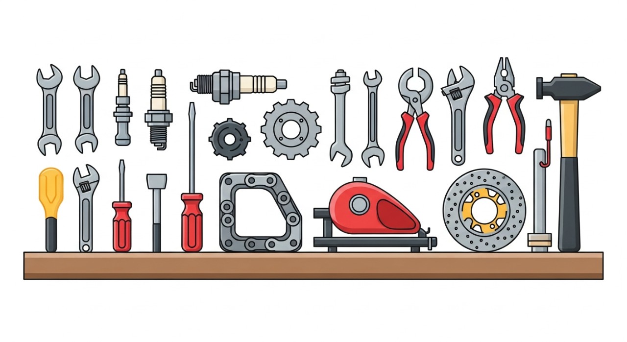 Berbagai alat dan spare part motor tersusun rapi di meja kerja bengkel.