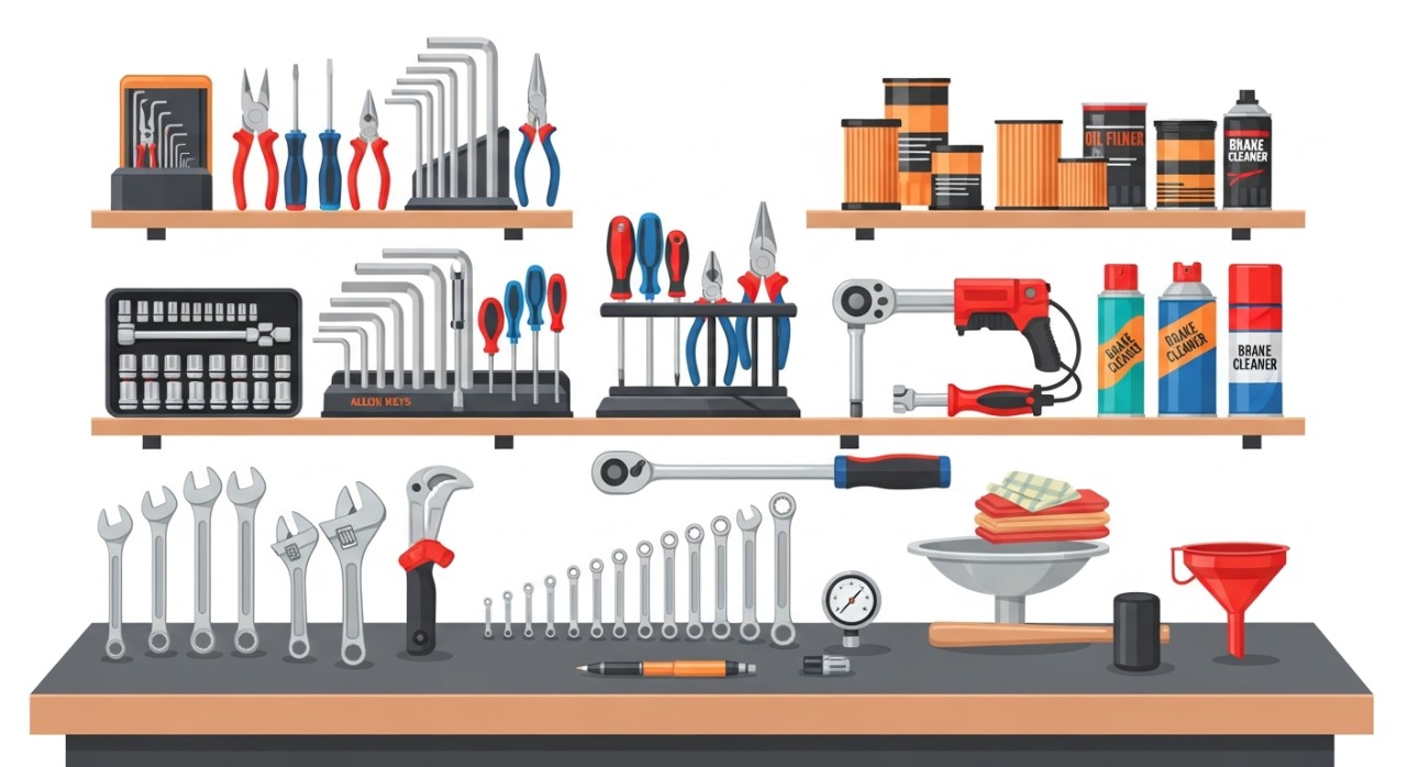 Pelbagai jenis peralatan dan perkakas bengkel motosikal yang tersusun kemas di atas rak atau meja.