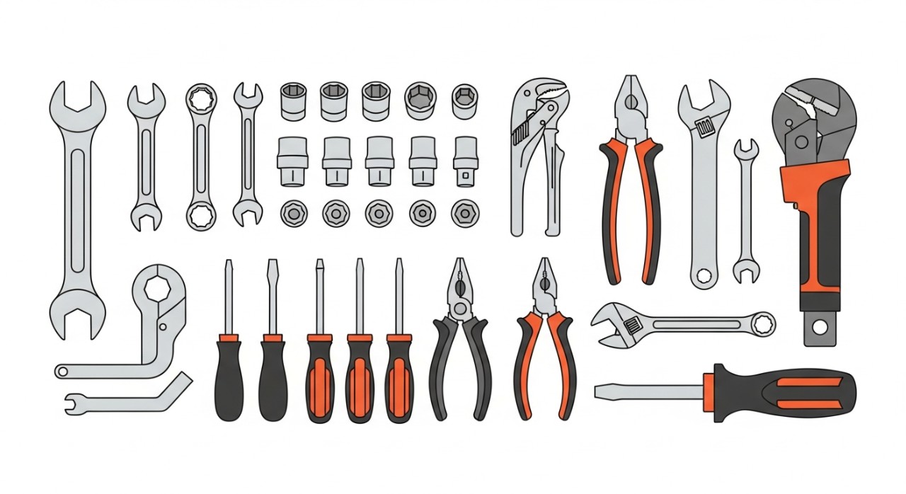 Pelbagai jenis alatan membaiki motosikal tersusun rapi di dalam bengkel.