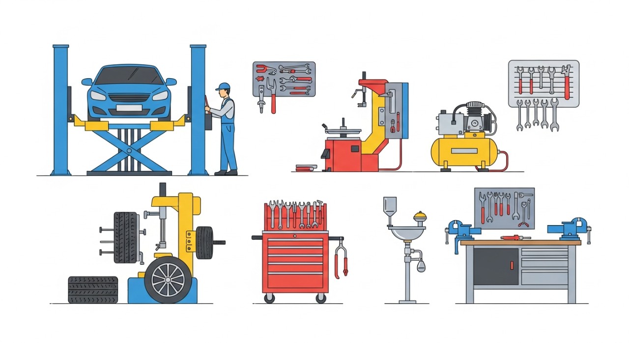 Sebuah bengkel kereta moden dengan peralatan lengkap.