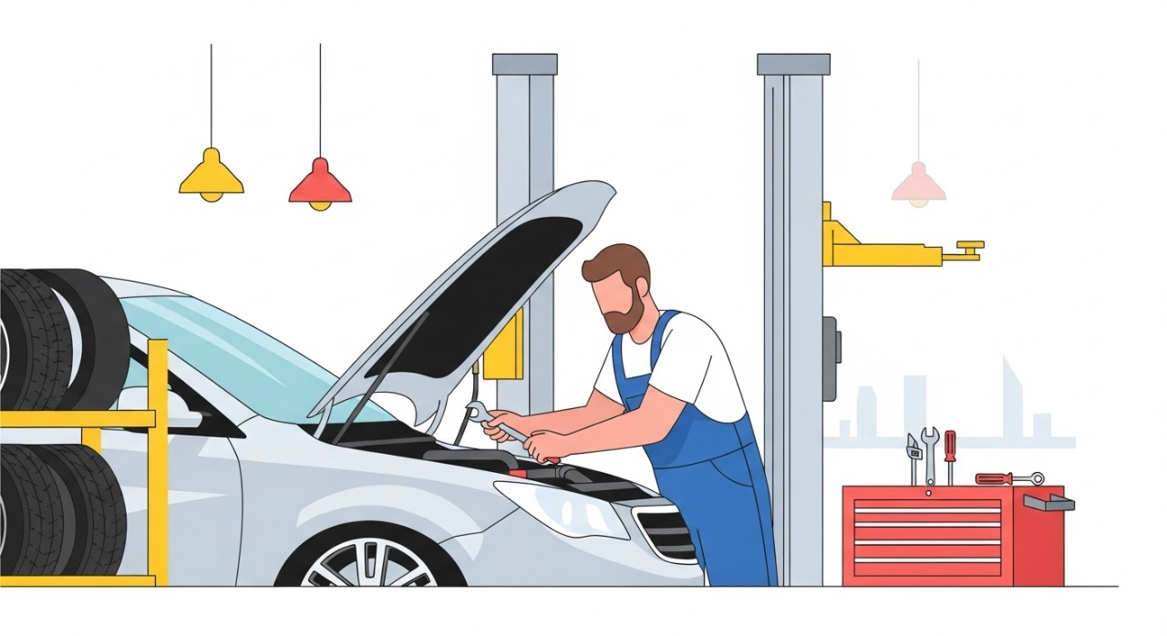 Seorang mekanik mahir sedang membaiki enjin kereta di dalam bengkel
