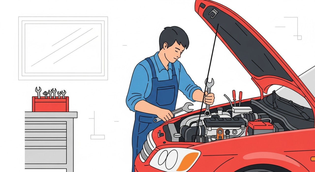 Mekanik mahir sedang melakukan penyelenggaraan rutin pada enjin kereta pelanggan