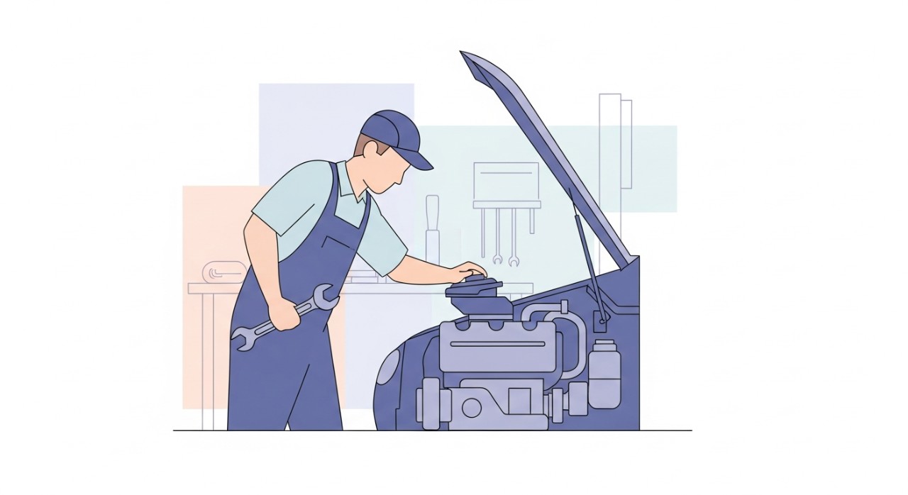 Seorang mekanik sedang melakukan pemeriksaan enjin kereta di ruang kerja bengkel.