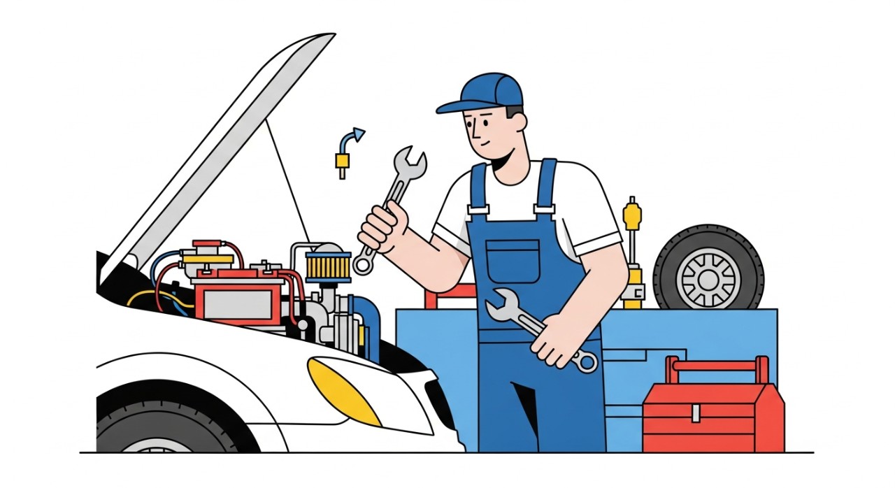 Seorang mekanik sedang memeriksa enjin kereta di bengkel.