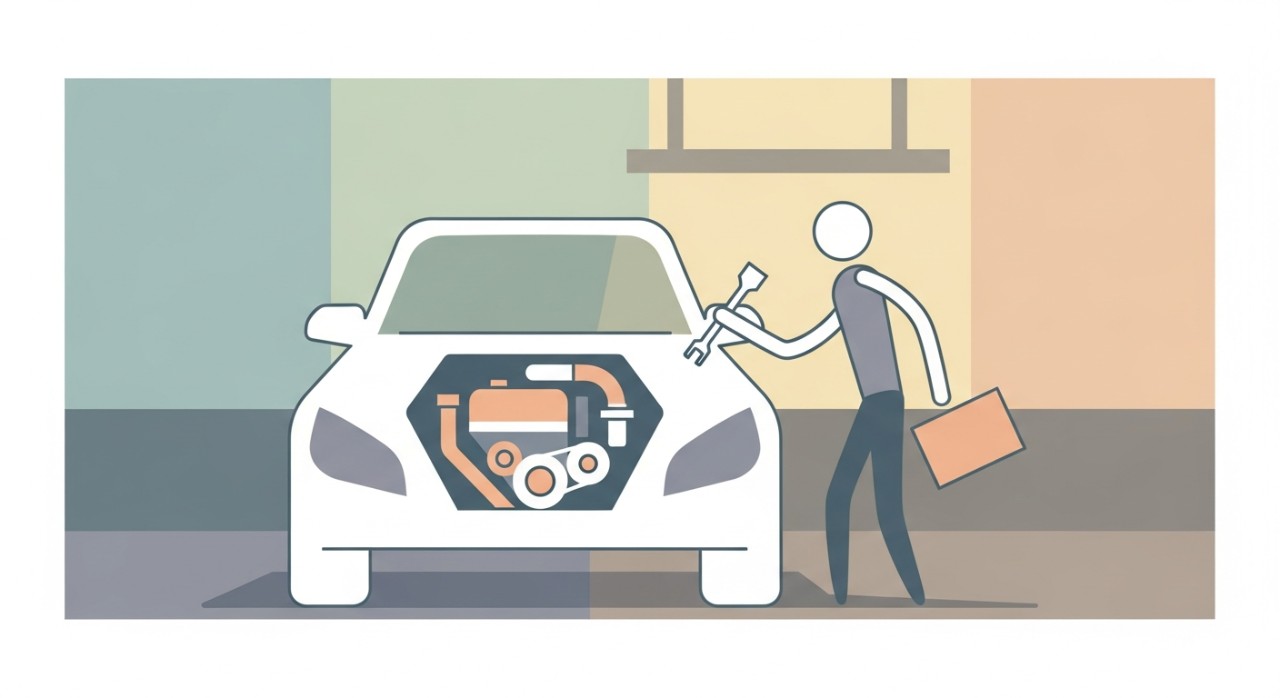 Seorang mekanik sedang membaiki kerosakan enjin kereta di dalam bengkel