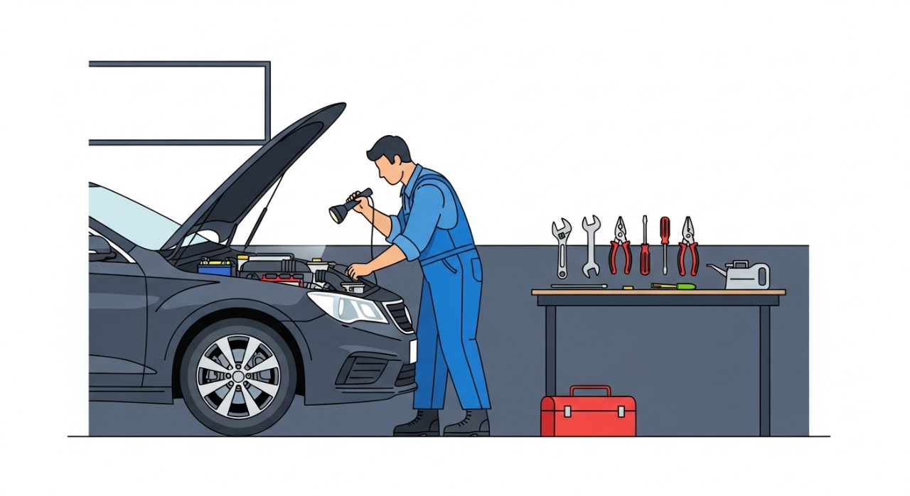 Seorang mekanik sedang tekun memeriksa bahagian enjin sebuah kereta di dalam bengkel.