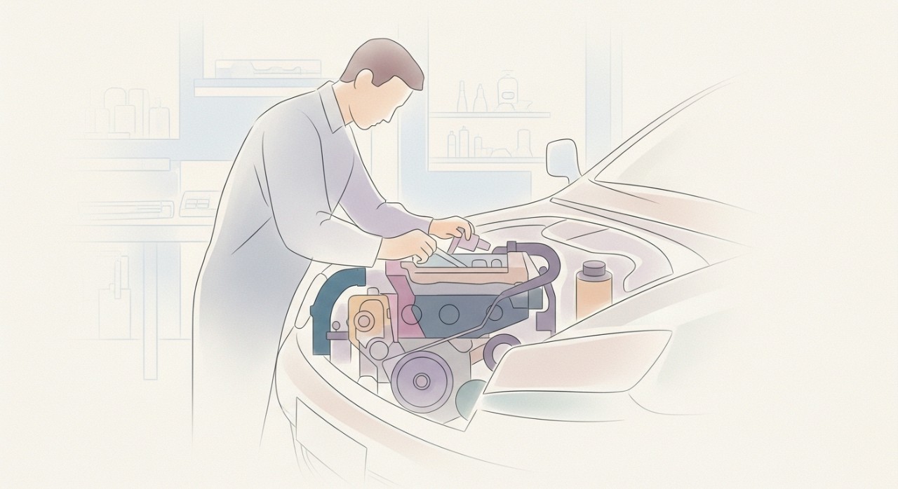 Seorang mekanik sedang membaiki enjin kereta di dalam bengkel