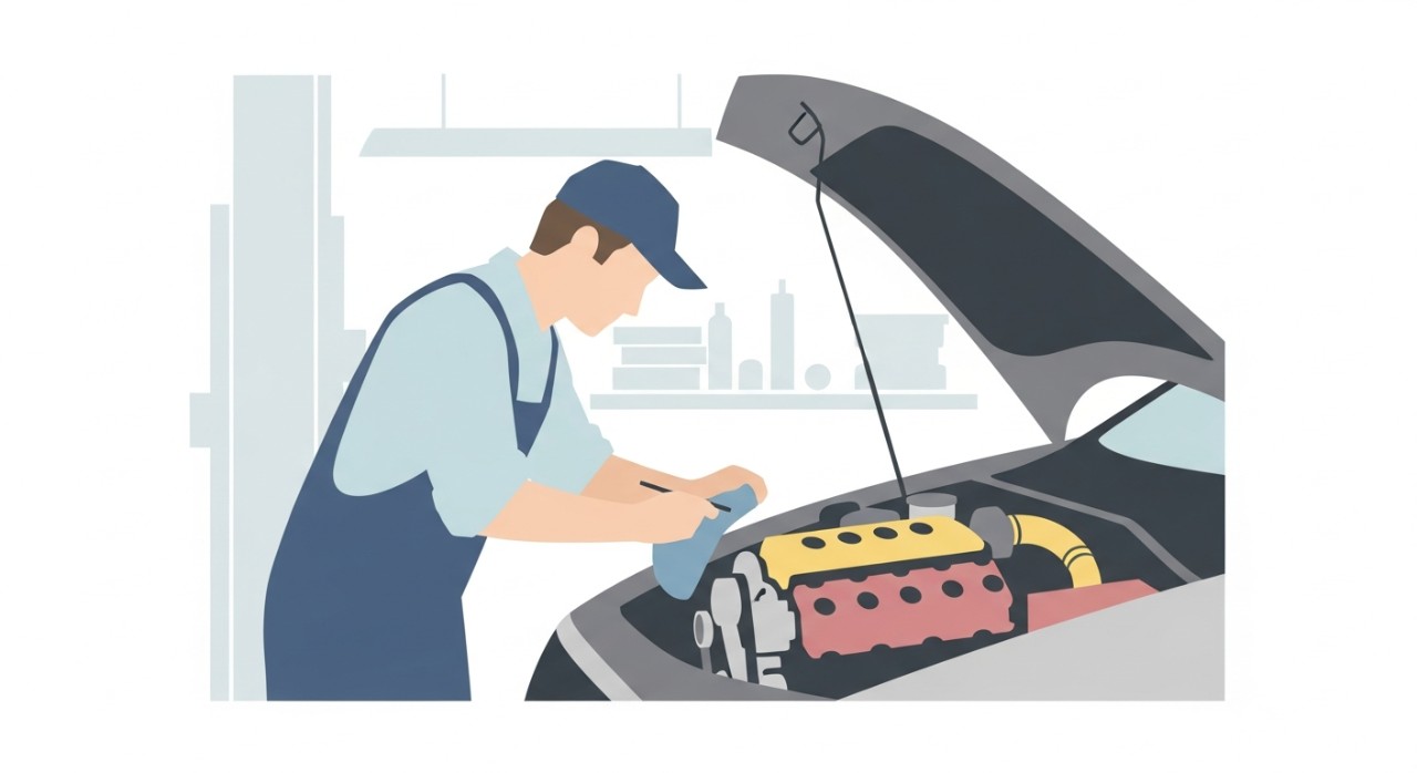 Seorang mekanik sedang memeriksa bahagian enjin sebuah kereta di dalam bengkel