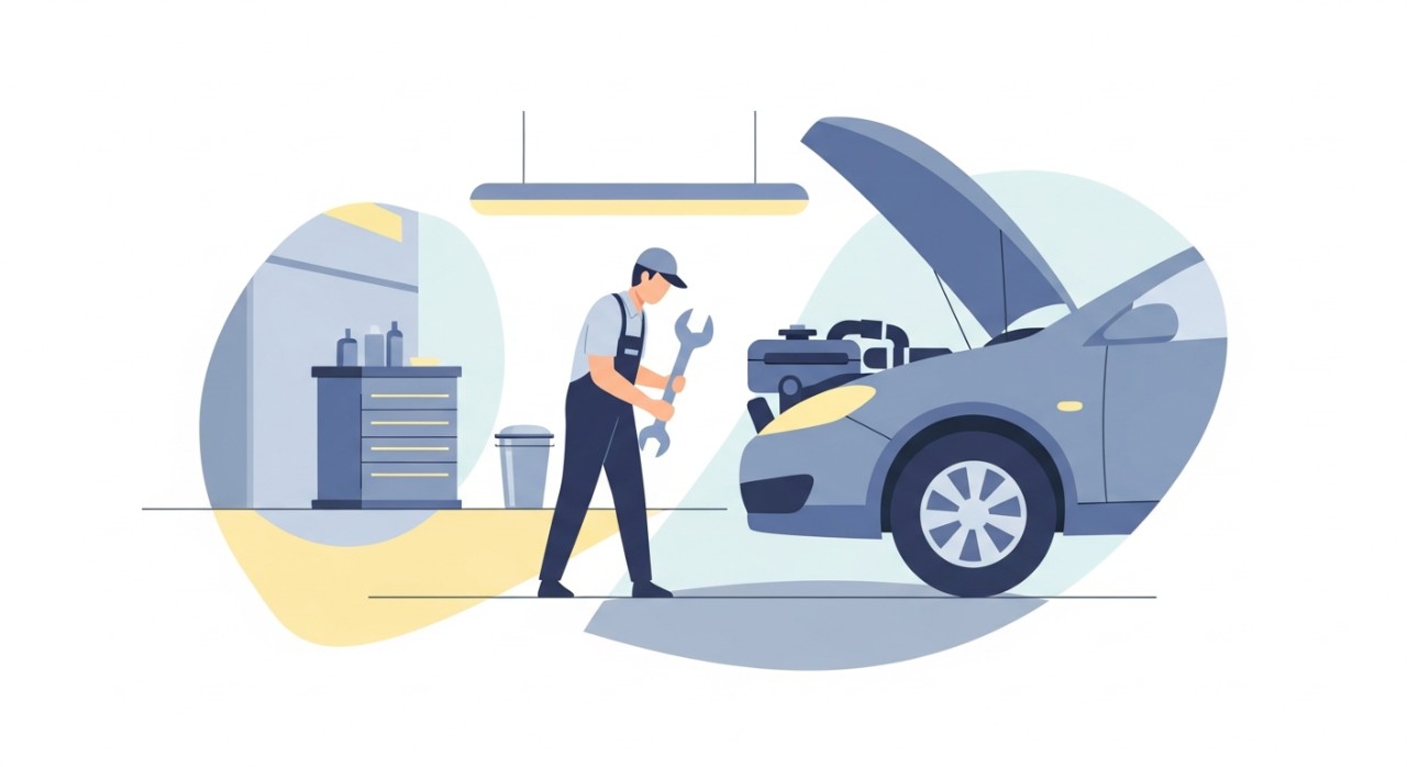 Seorang mekanik profesional sedang memeriksa bahagian enjin sebuah kereta di pusat servis.