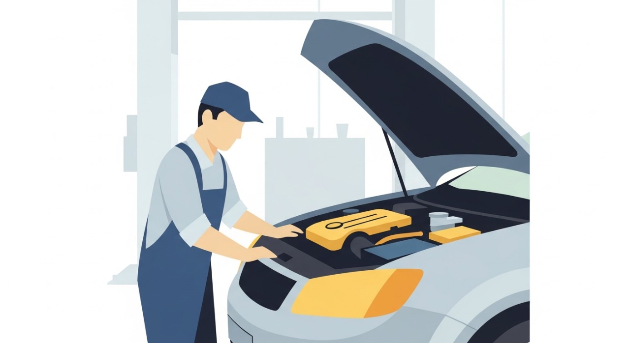 Seorang mekanik sedang memeriksa bahagian enjin sebuah kereta di dalam bengkel.