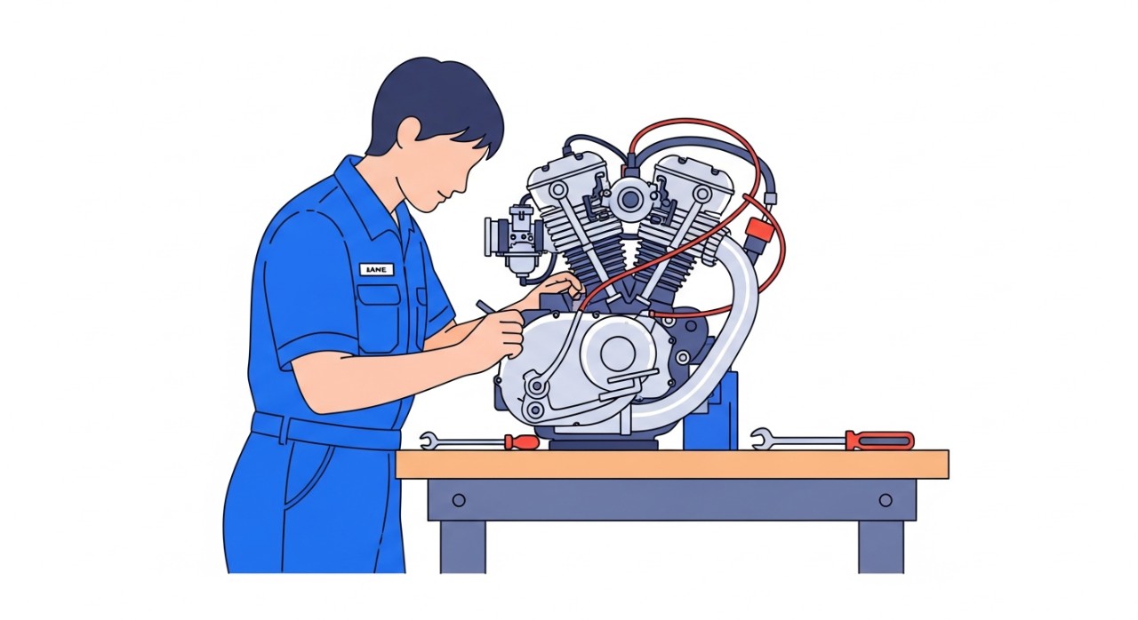 Seorang mekanik sedang menyelenggara motosikal di dalam sebuah bengkel yang lengkap dengan peralatan.