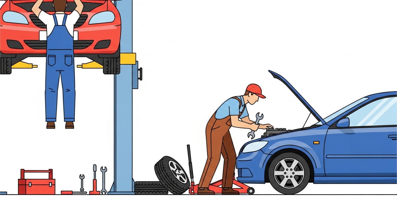 Mekanik sedang memeriksa kereta di bengkel.