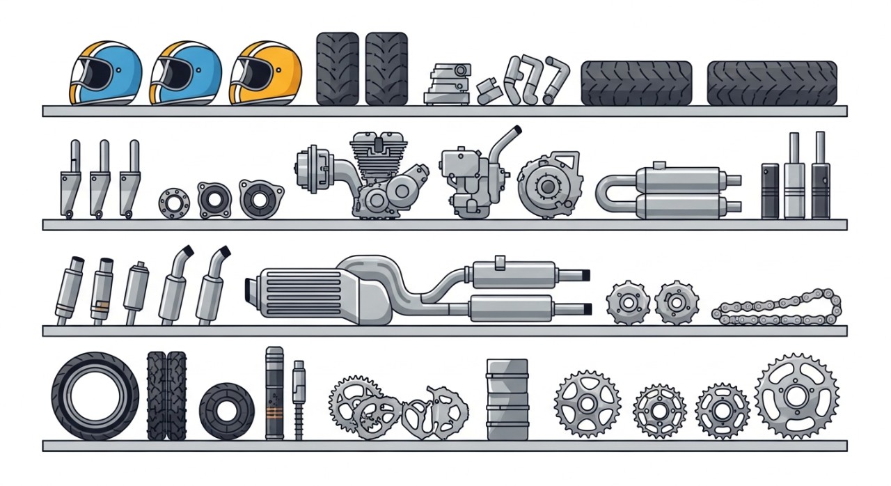 Berbagai alat ganti motor tersusun rapi di rak dalam bengkel.