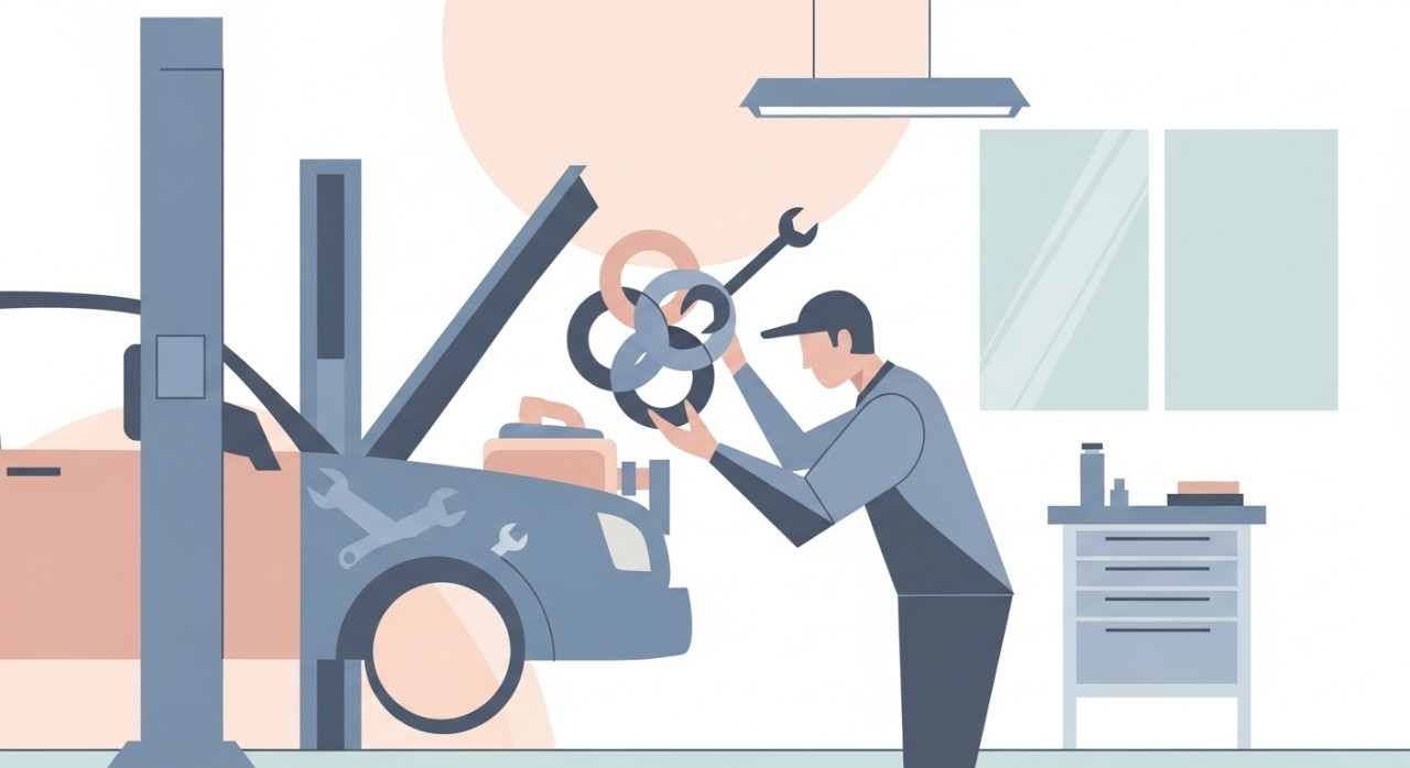 Mekanik sedang memeriksa bahagian enjin kereta di dalam bengkel.