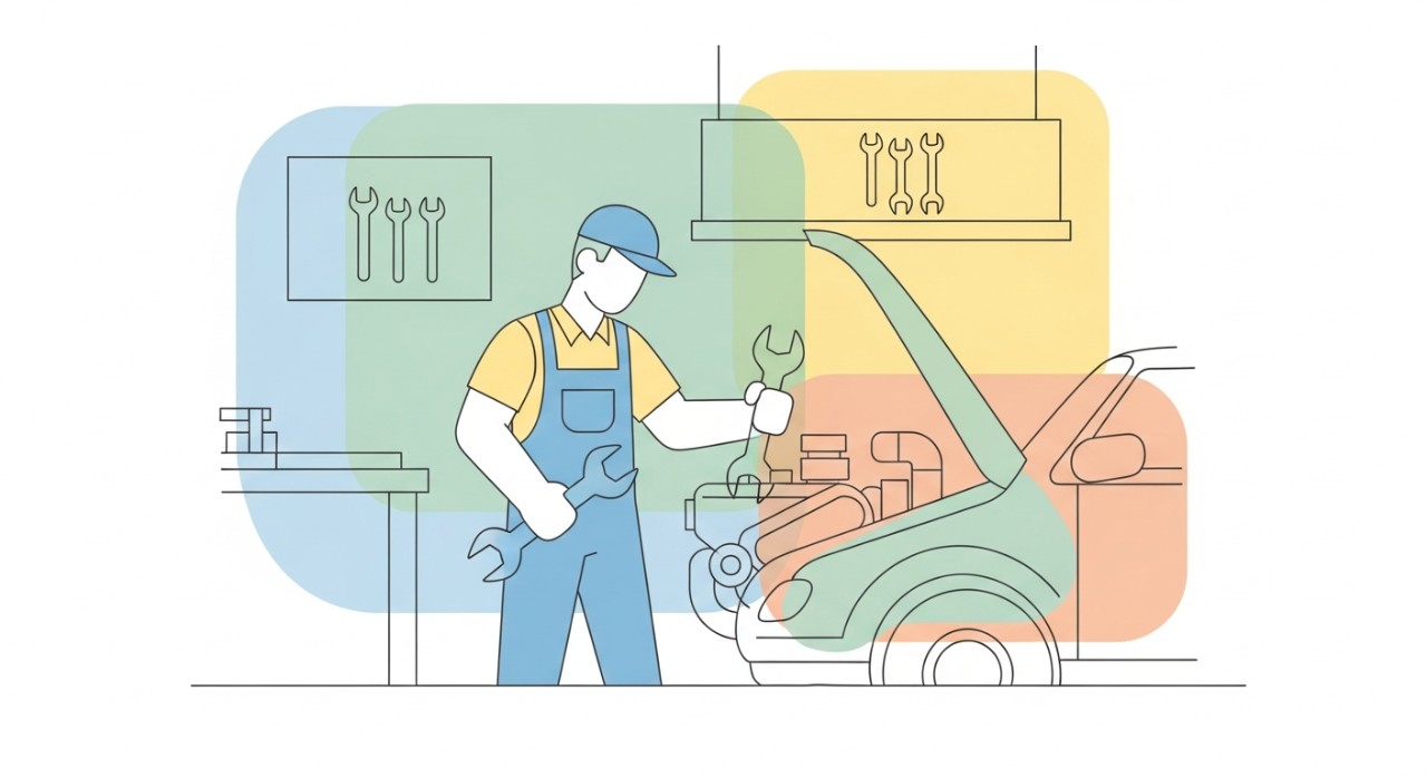 Seorang mekanik sedang membaiki enjin kereta di dalam sebuah bengkel yang lengkap.