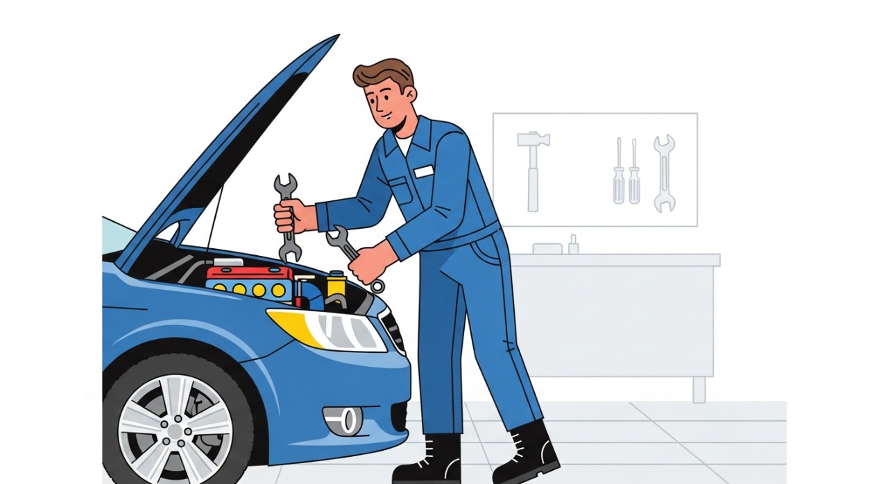 Seorang mekanik sedang membaiki enjin kereta di dalam bengkel.