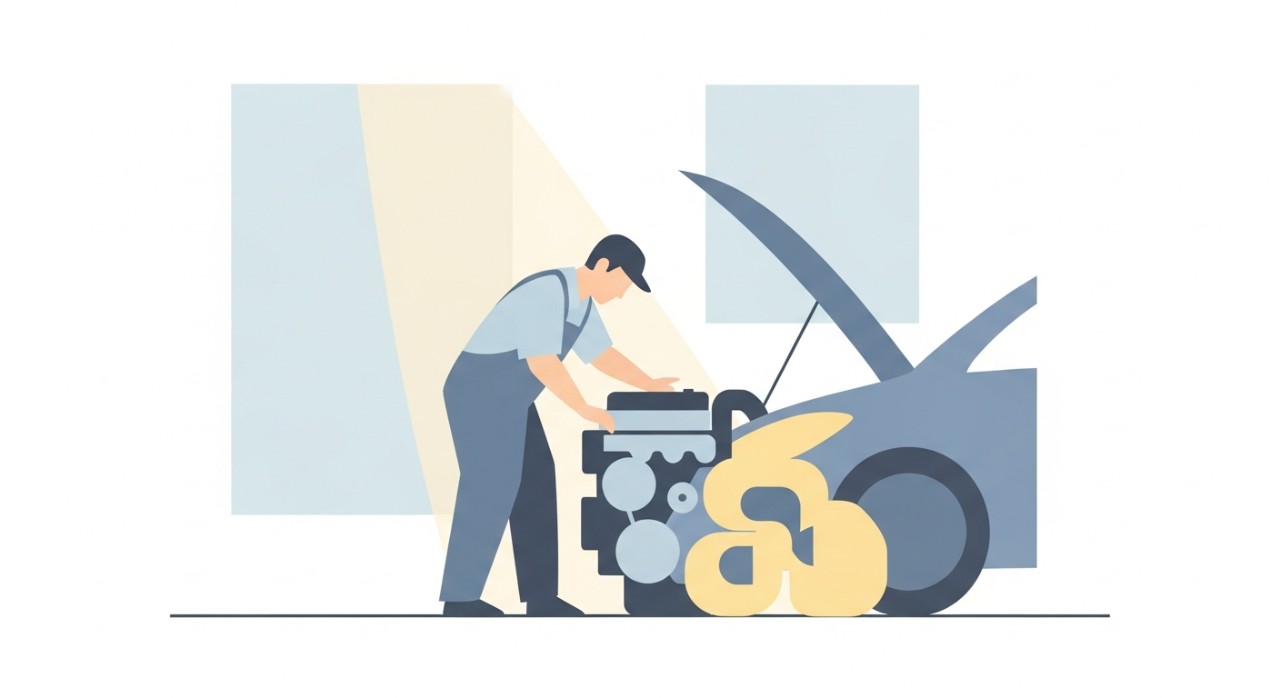 Seorang mekanik sedang melakukan pemeriksaan enjin kereta di dalam bengkel