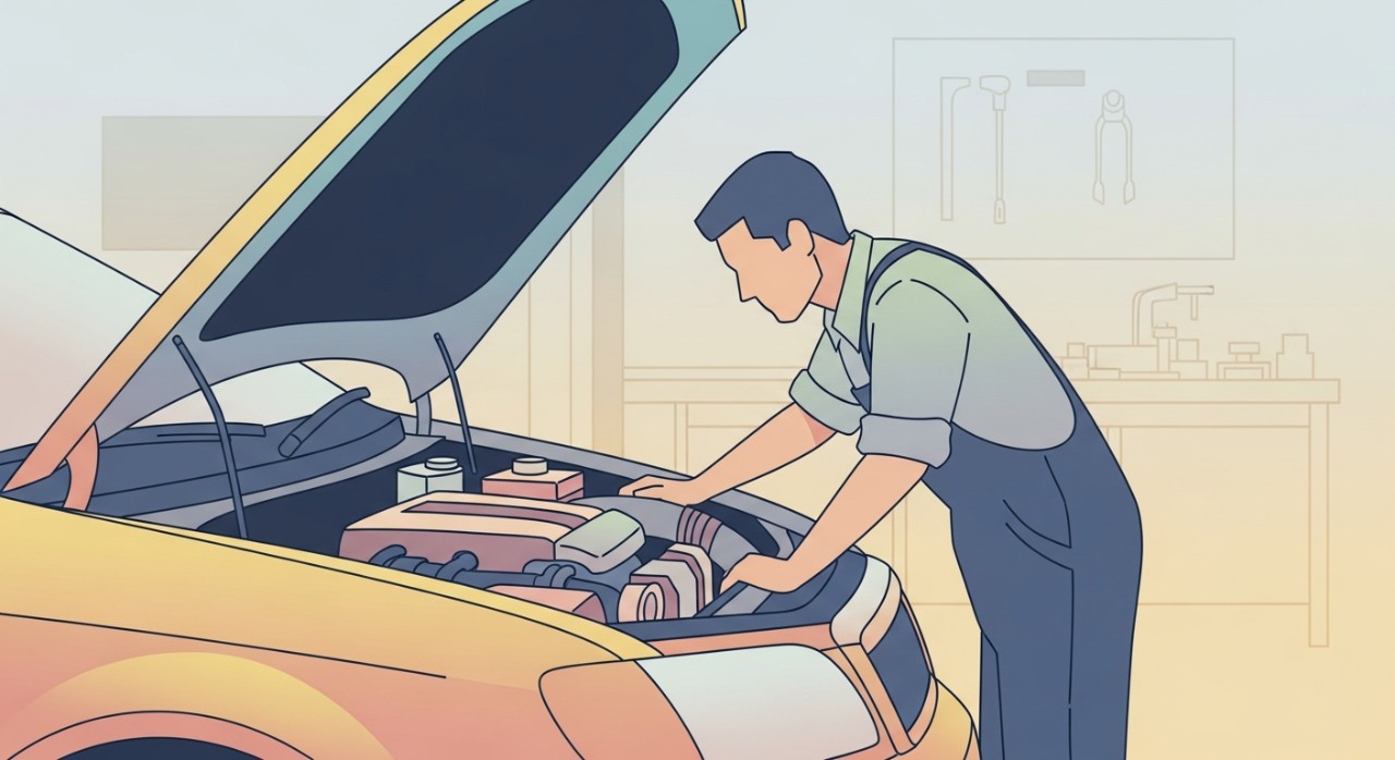 Mekanik sedang memeriksa bahagian enjin kereta di dalam bengkel.