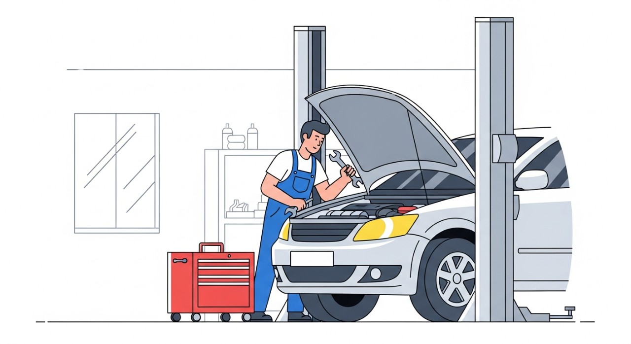 Seorang mekanik sedang tekun membaiki enjin kereta di dalam sebuah bengkel.