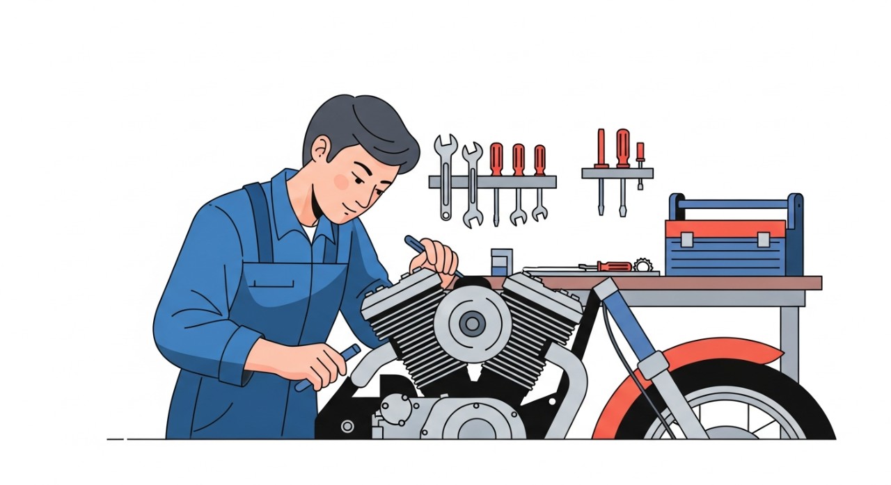 Seorang mekanik sedang membaiki enjin motosikal dengan teliti di dalam sebuah bengkel.