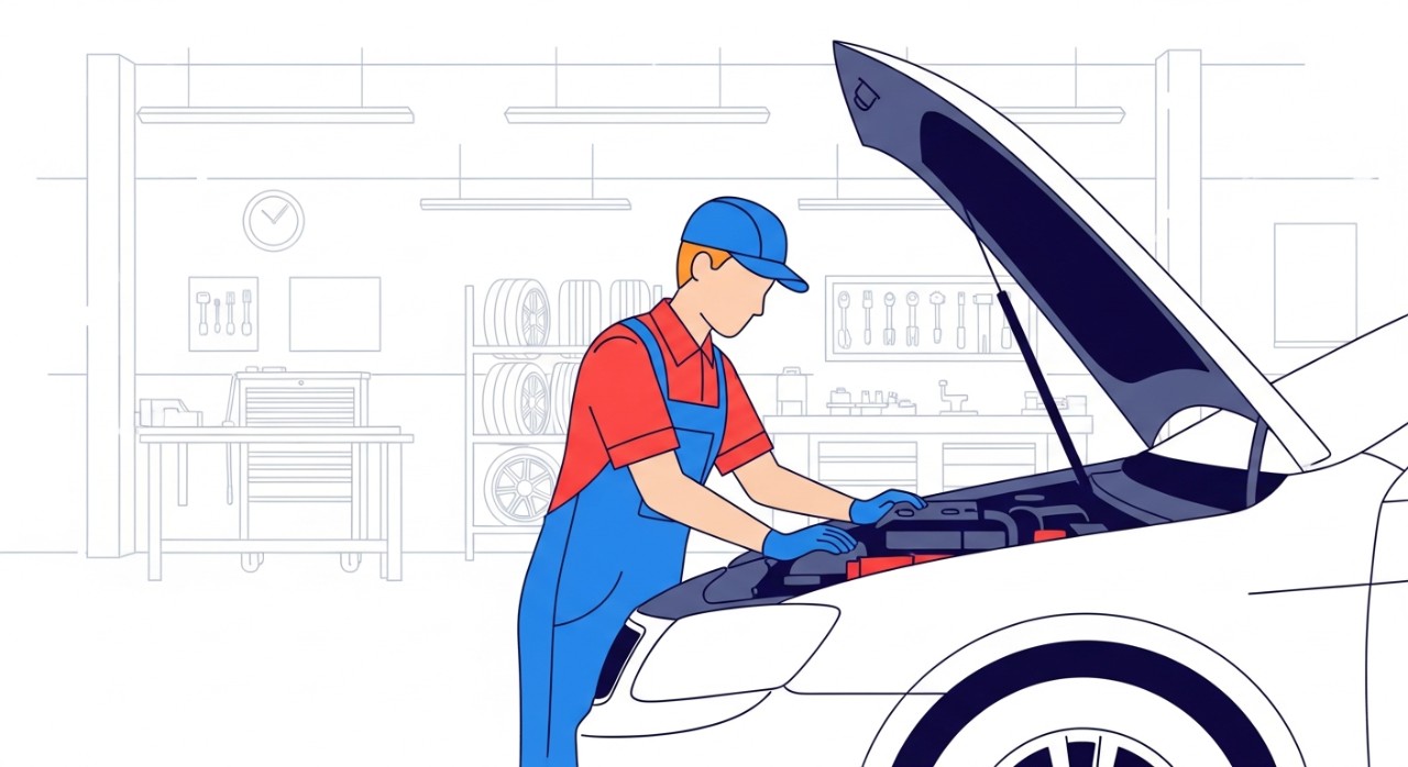 Mekanik sedang membaiki enjin sebuah kereta di dalam bengkel yang luas dan teratur.