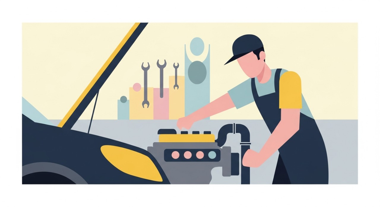 Seorang mekanik sedang memeriksa bahagian enjin kereta di dalam bengkel.