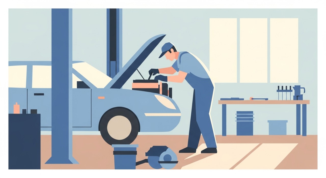 Seorang mekanik sedang memeriksa bahagian enjin kereta di dalam bengkel yang lengkap dengan peralatan.