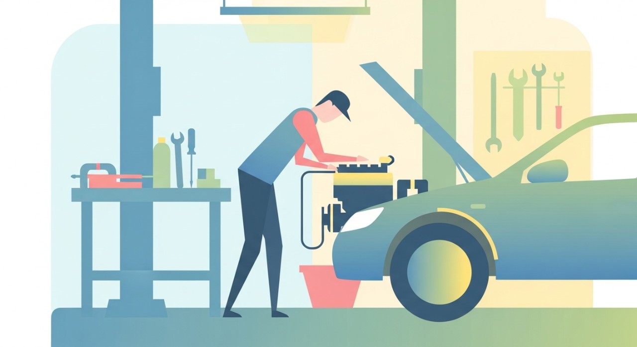 Seorang mekanik sedang memeriksa bahagian enjin kereta di dalam sebuah bengkel yang lengkap dengan peralatan.