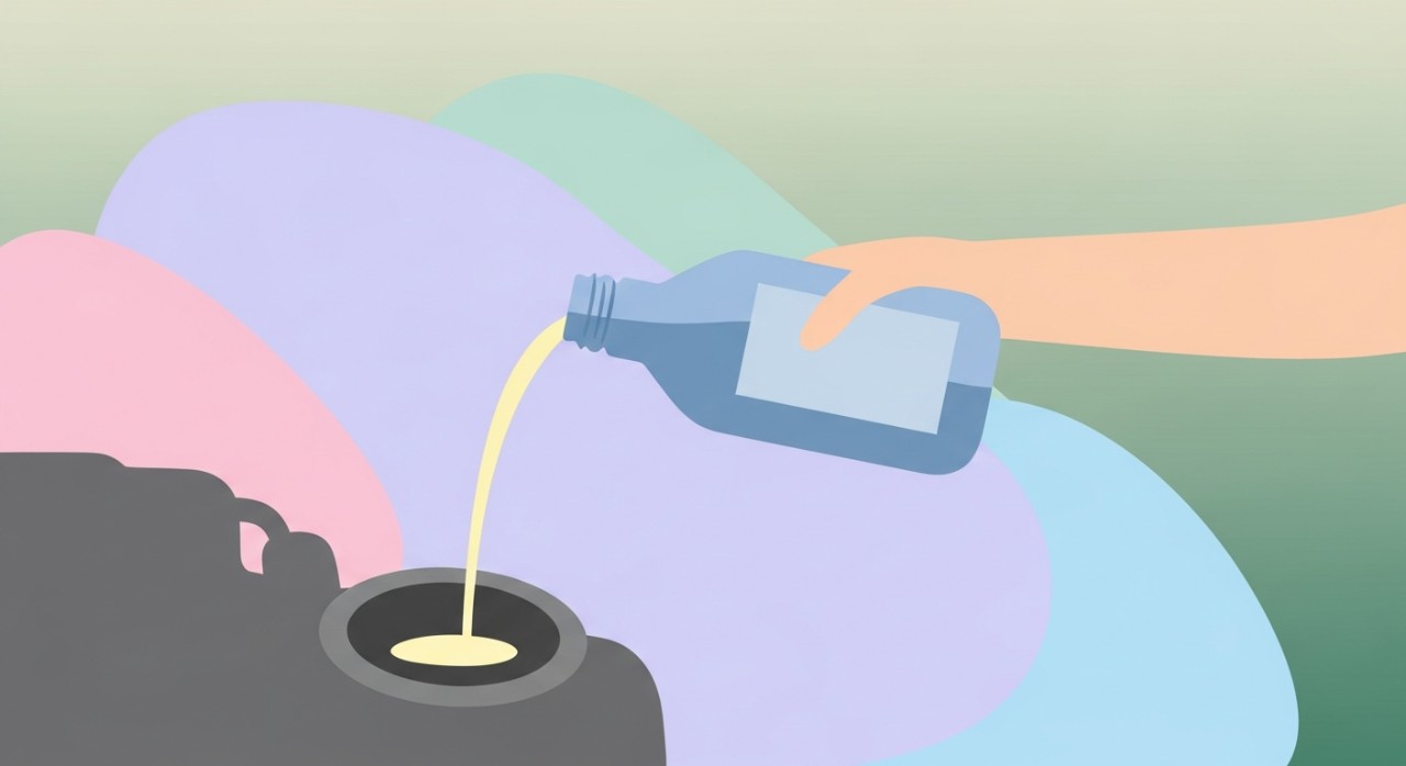 Seseorang sedang menuangkan botol cairan aditif ke dalam lubang oli mesin mobil