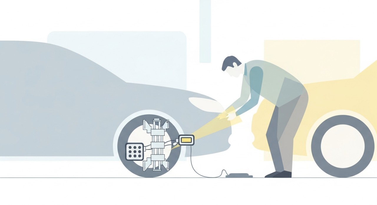 Teknisi sedang memasang alat sensor pada roda mobil untuk mengecek keselarasan sudut ban.
