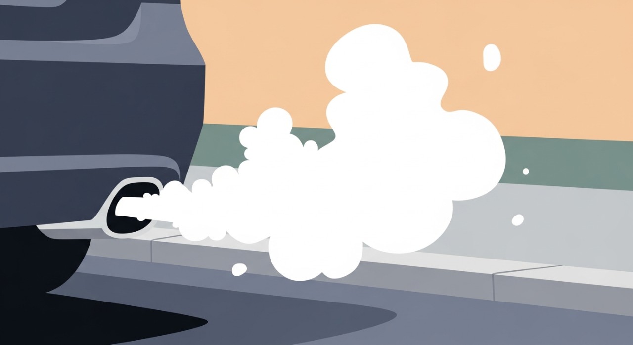 Asap putih tebal mengepul keluar dari ujung pipa knalpot sebuah kendaraan.