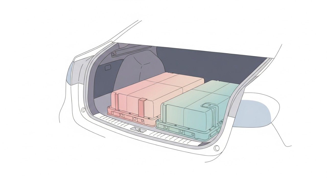 Unit baterai besar yang terpasang di bagian bawah bagasi mobil hybrid modern.
