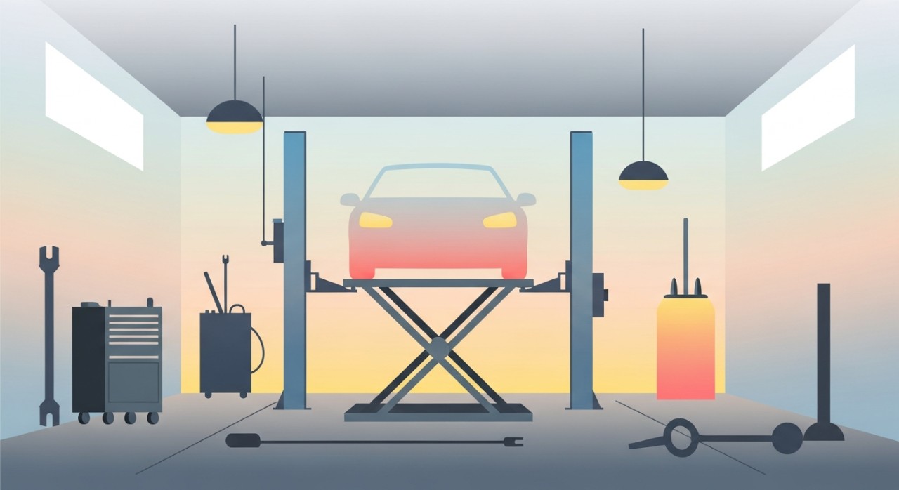 Suasana di dalam bengkel kereta yang lengkap dengan pelbagai peralatan membaiki kenderaan