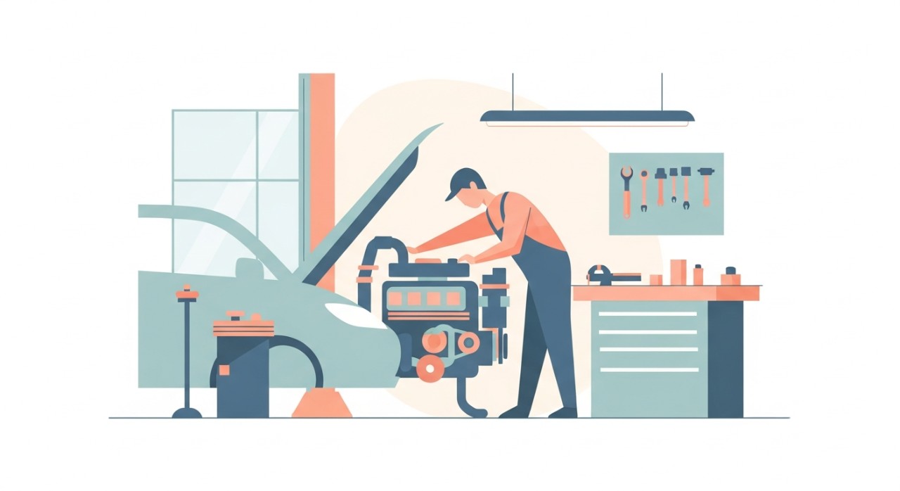 Seorang mekanik sedang melakukan pemeriksaan enjin kereta di dalam bengkel yang lengkap dengan peralatan.