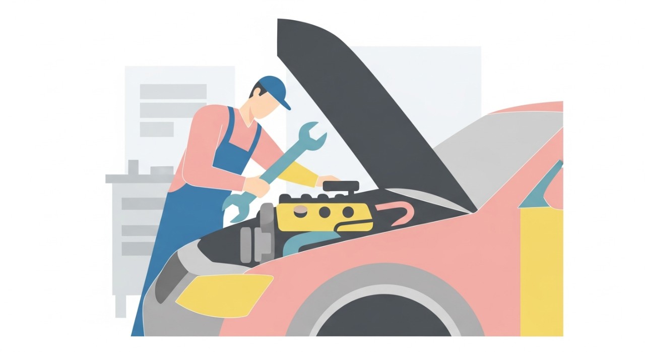 Mekanik sedang membaiki enjin sebuah kereta di dalam bengkel di Mersing