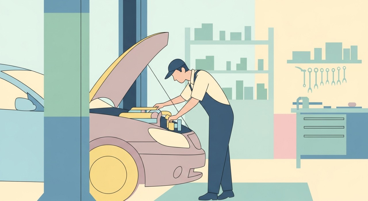 Mekanik sedang memeriksa bahagian enjin kereta di dalam sebuah bengkel yang terletak di Muar.